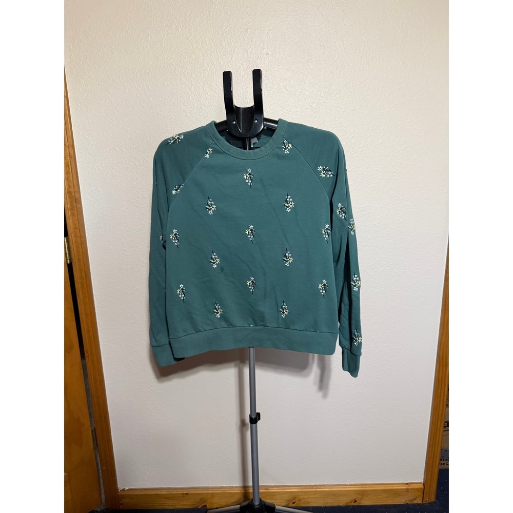 Dip Womens Floral Embroidered Crewneck Sweatshirt Teal Green Raglan Sleeve L